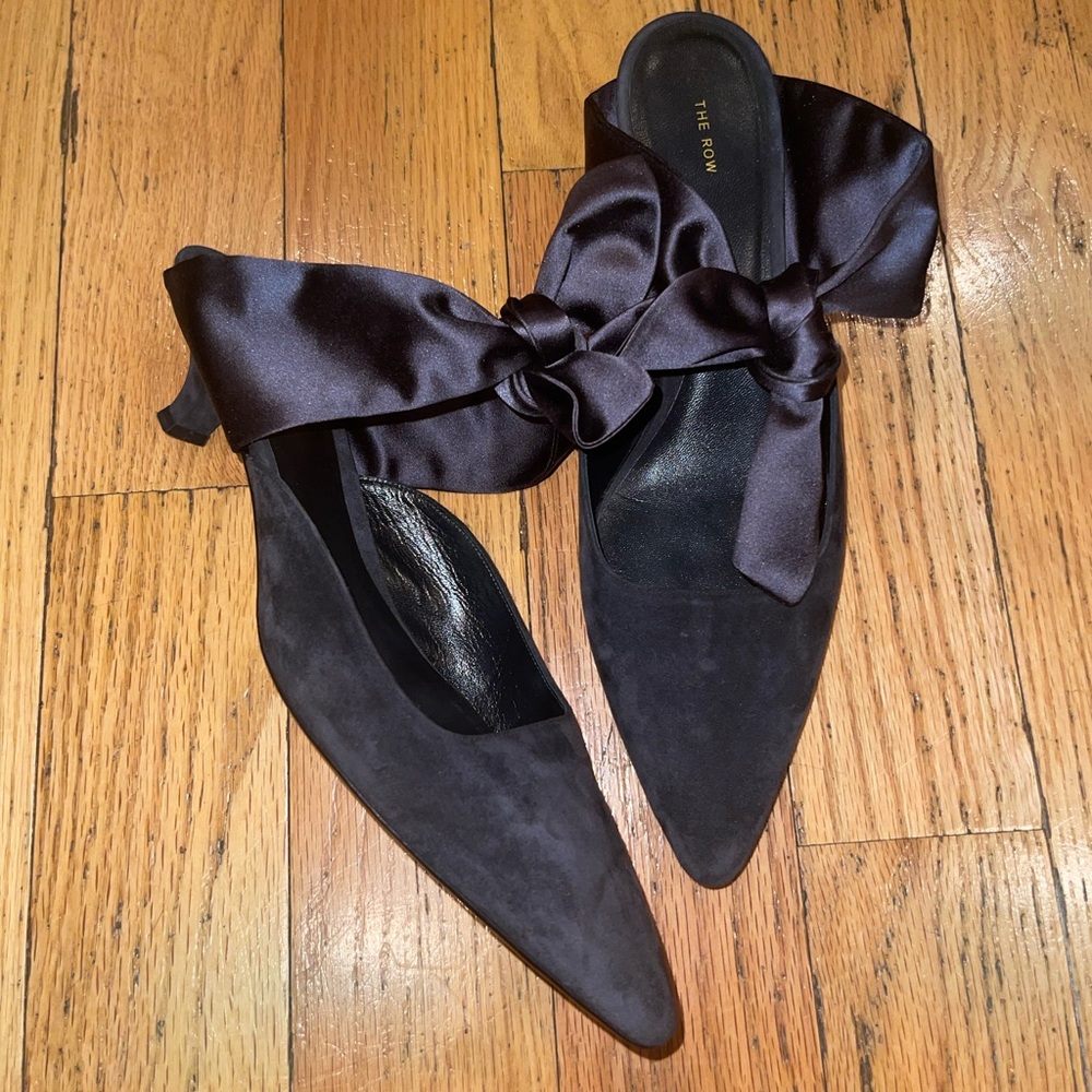 The Row Black Satin Bow Mules